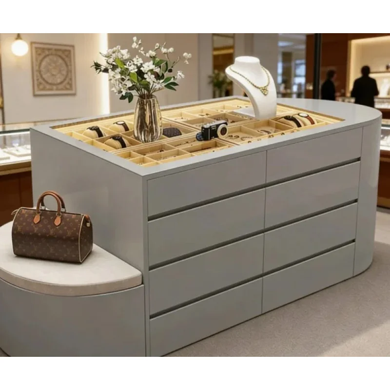 custom.Matte Gray Curved Luxury Jewelry Display Island with Ambient LED Base Lighting Shopping Malls