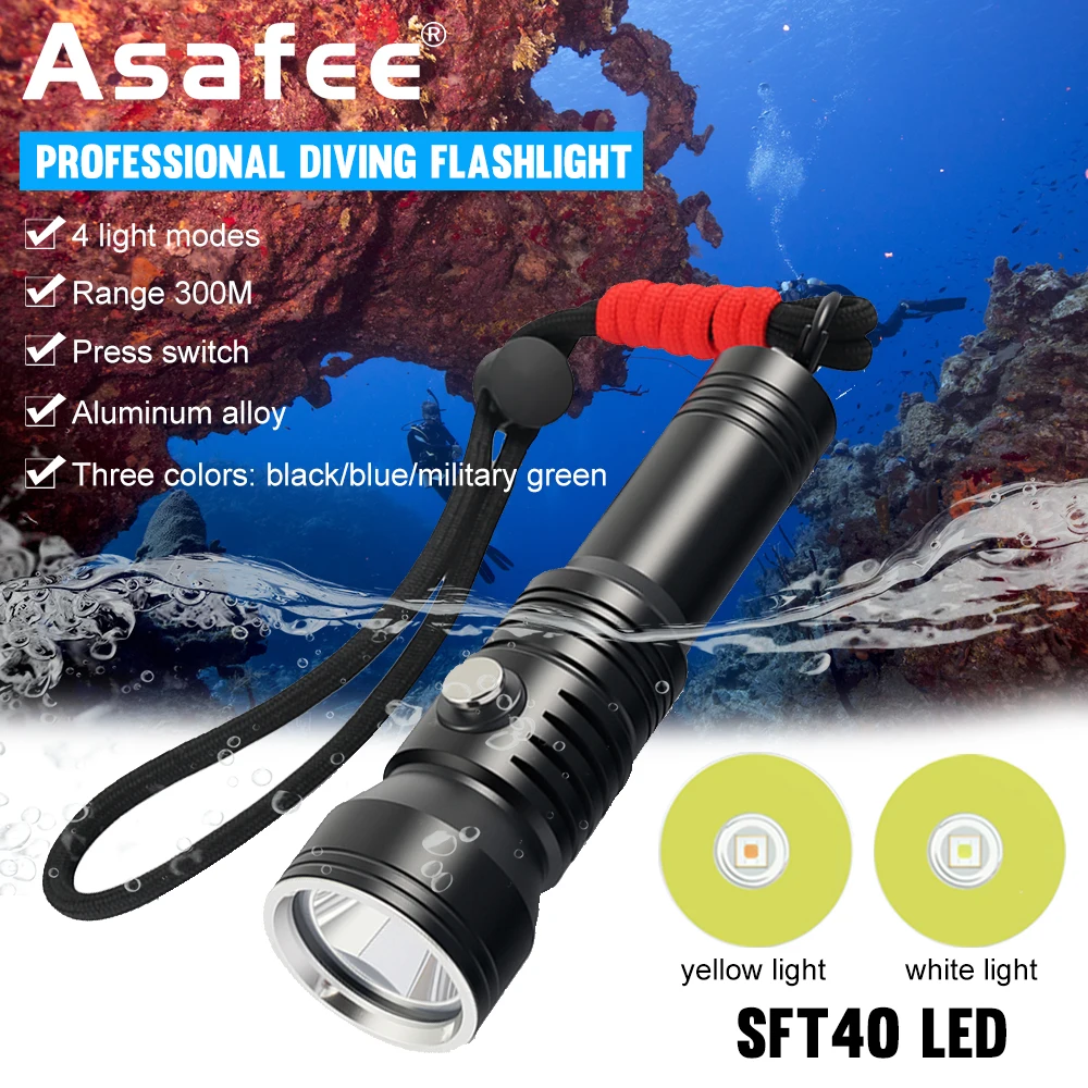 

Asafee 1800LM Мощная лампа для водителя DT200 SFT40 Светодиодный профессиональный фонарик для дайвинга 100 м Подводный портативный фонарик для подводного плавания