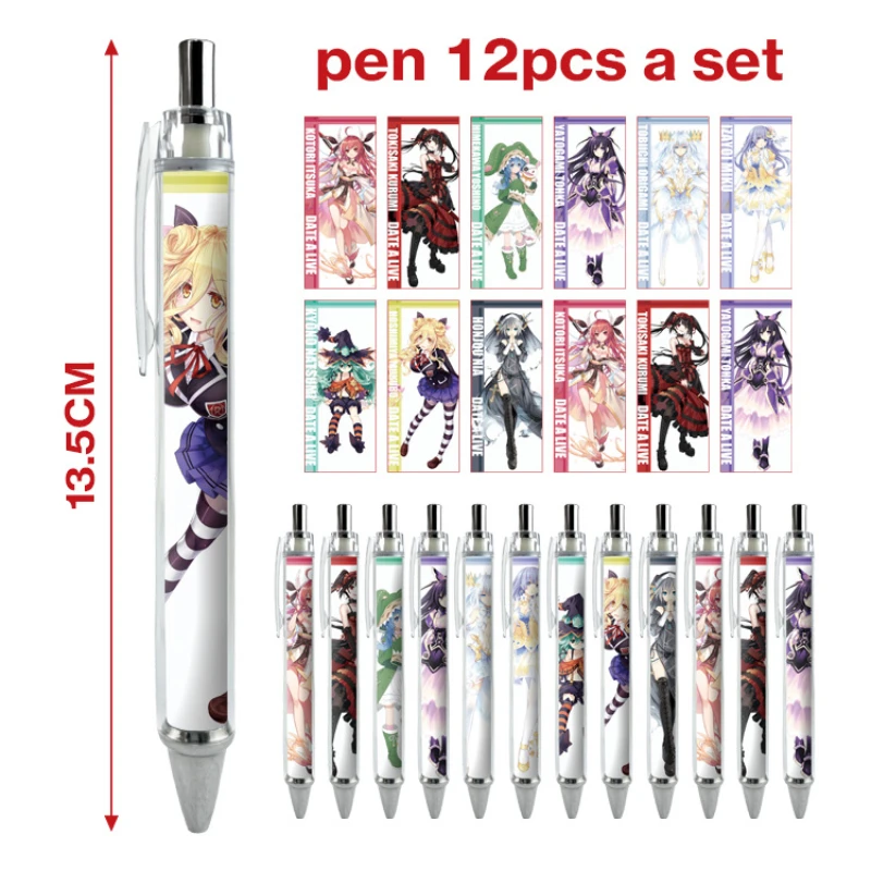 12PCS Itsuka Shido Yatogami Tohka Tobiichi Origami Popular Anime Peripheral Ballpoint Pen Set Cartoon Print Stationery Gel Pen