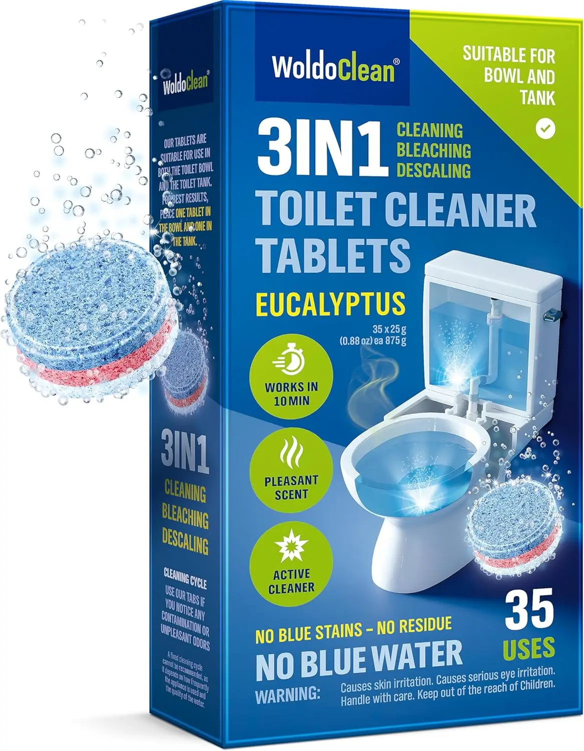 

3in1 Toilet Bowl Cleaner Tablets, 35 Uses - Automatic Descaler for Limescale & Hard Water, Eucalyptus Scent