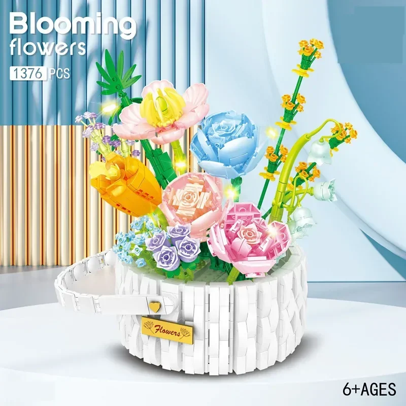 Summer Sunshine Flower Basket Building Blocks Bouquet Bricks Toys Home Decoration Children Holiday Gift