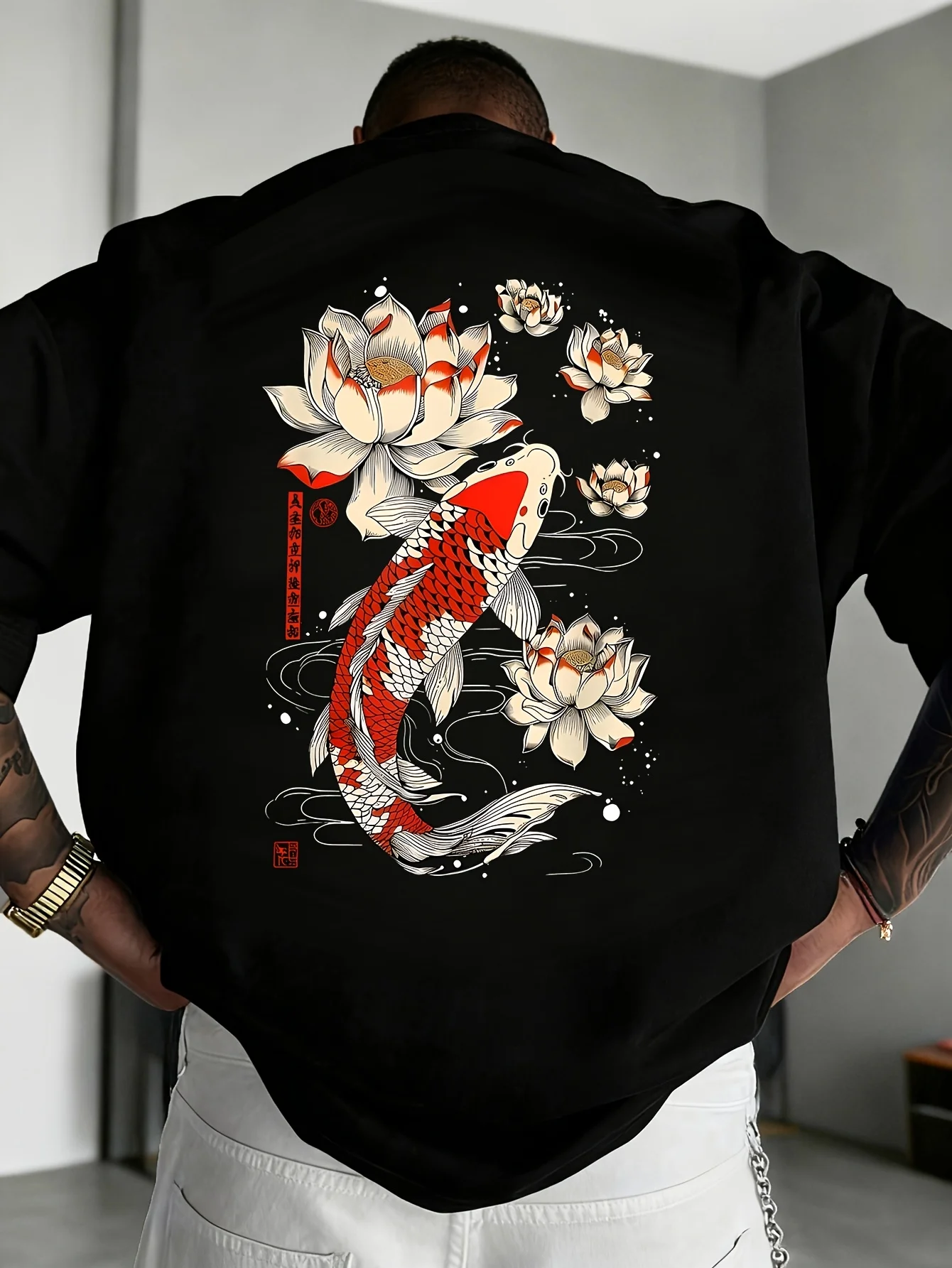 Men's Vintage Style Short-Sleeve T-Shirt: Features a Koi Fish and for Lotus Flower 