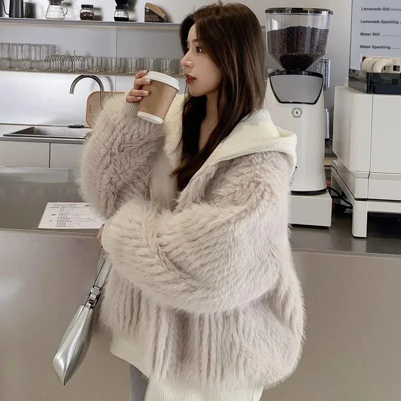 2024 New Winter Women Imitation Fox Fur Coat Loose Leisure Warm Outwear Female Fashion Stitching Imitation Mink Hooded Outcoat