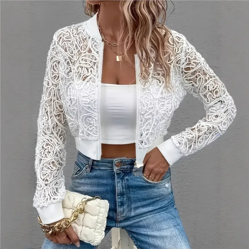 

New Fashion Chic Lace Short Coat 2026 Spring Solid Color Zipper Short Jacket Hollow out Slim Cardigan Top Casual Office Outwear