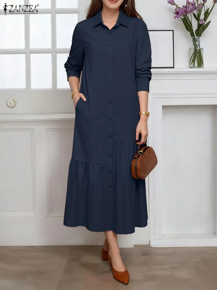 Elegante abito camicia autunnale 2025 ZANZEA donna elegante bavero collo manica lunga abiti da ufficio solido OL lavoro vestito estivo bottone Robe