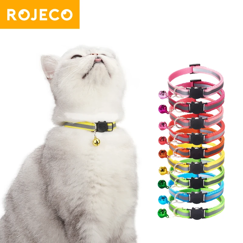 ROJECO Cat Colorful Collar with Bell Night Safety Adjustable Pet Collar Reflective Buckle Necklace Cat Accessories for Pet