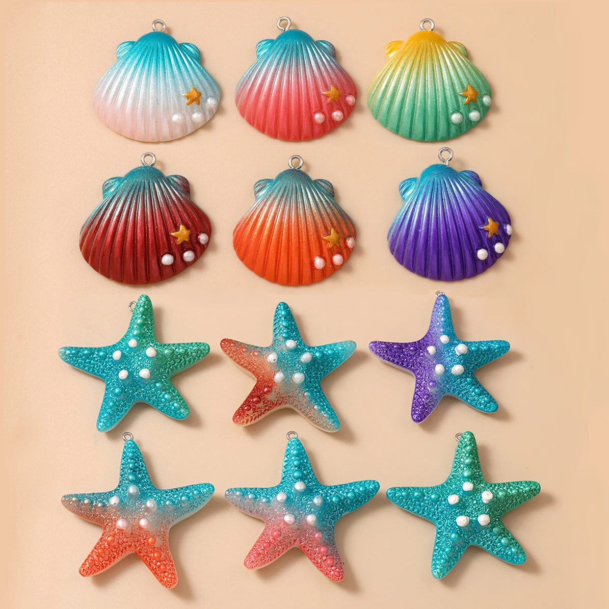 Leslie 5 Stück große bunte Seestern- und Muschelanhänger für DIY-Halsketten, Schlüsselanhänger, Anhänger, handgefertigtes Strand-Schmuckzubehör – Detail 1