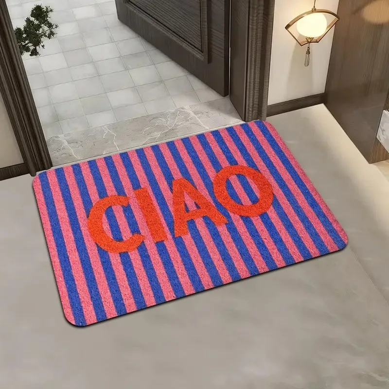 Italian Ciao Welcome Doormat Trendy Pink Blue Striped Floor Mat Creative Red Text Entrance Rug Chic Front Door Welcome Mat