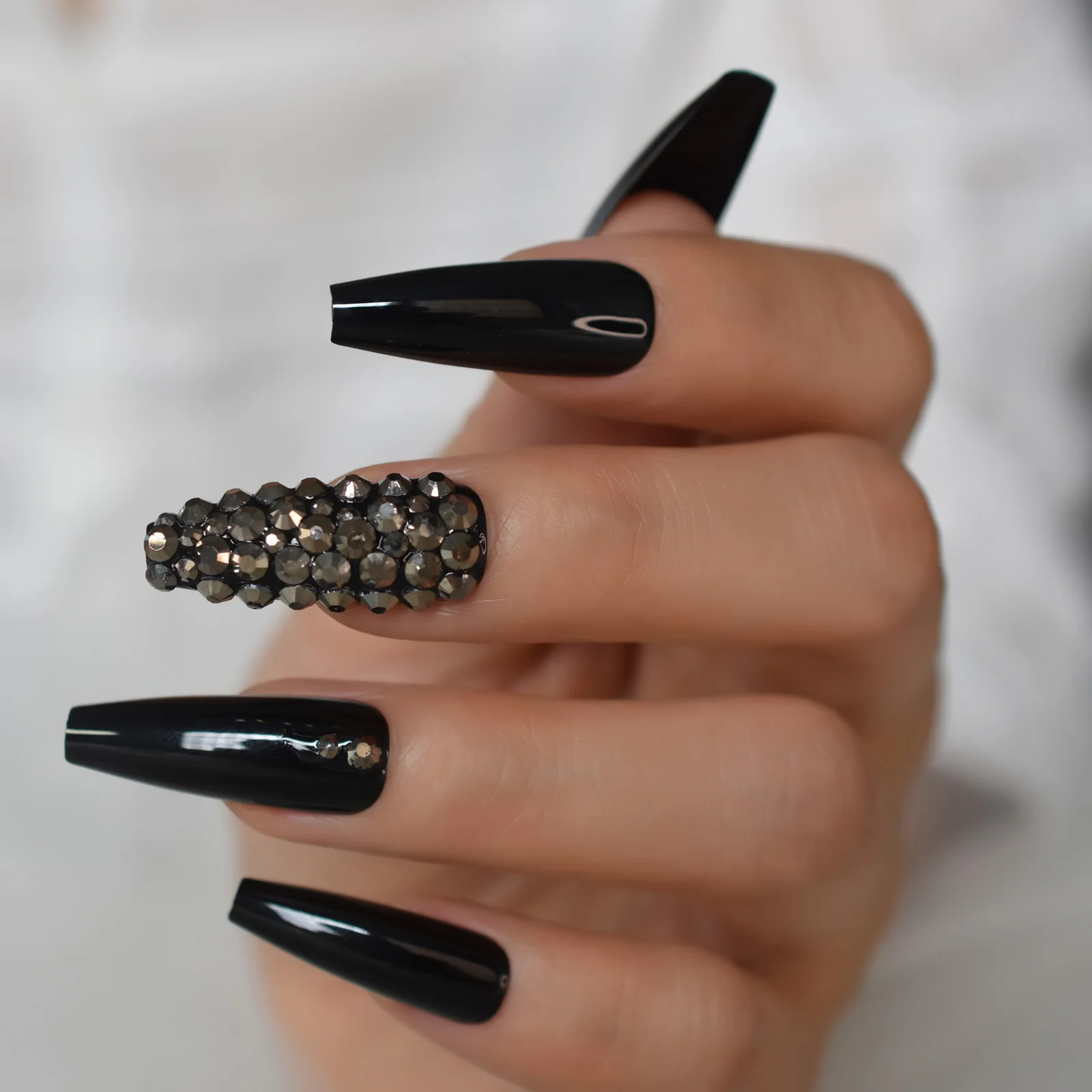 Metaliczny kamień sztuczne paznokcie szare cyrkonie dekoracyjne bardzo długie baleriny czarne sztuczne paznokcie zaprojektowane porady dla pani