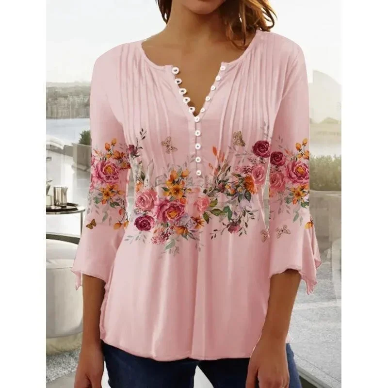 Camiseta de manga larga con cuello en V para mujer, blusa holgada con estampado de flores, camisa informal, Top cómodo, S-5XL, otoño e invierno, 2023