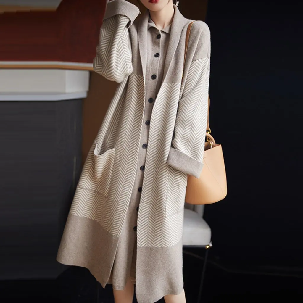 

Women's Thickened Lapel Cardigan Extra Long 100% Wool Loose Fit Autumn Winter Knitwear Outer Sweater Shawl