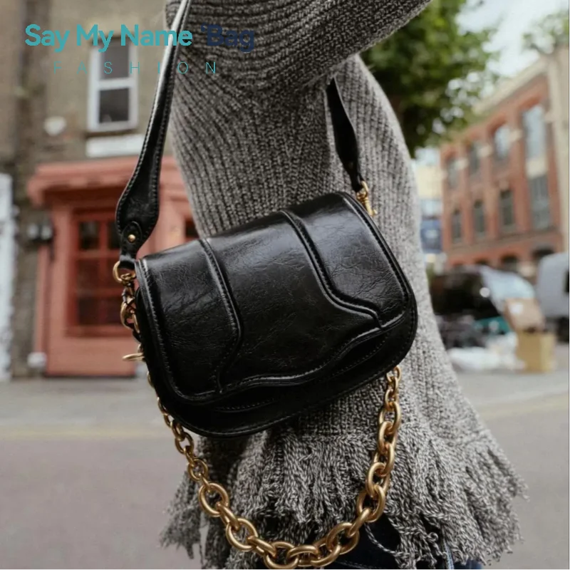 

Women's Mini Chain Bag Vintage Crossbody Saddle Bag Luxury Design Flap Bags Solid Color Shoulder Handbag Ladies Underarm Bag