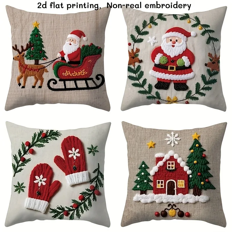 Christmas Pizza Pillow Covers Set of 4, Santa Reindeer Snow House Glove 2D Print, Zippered Machine Washable Festive Decor