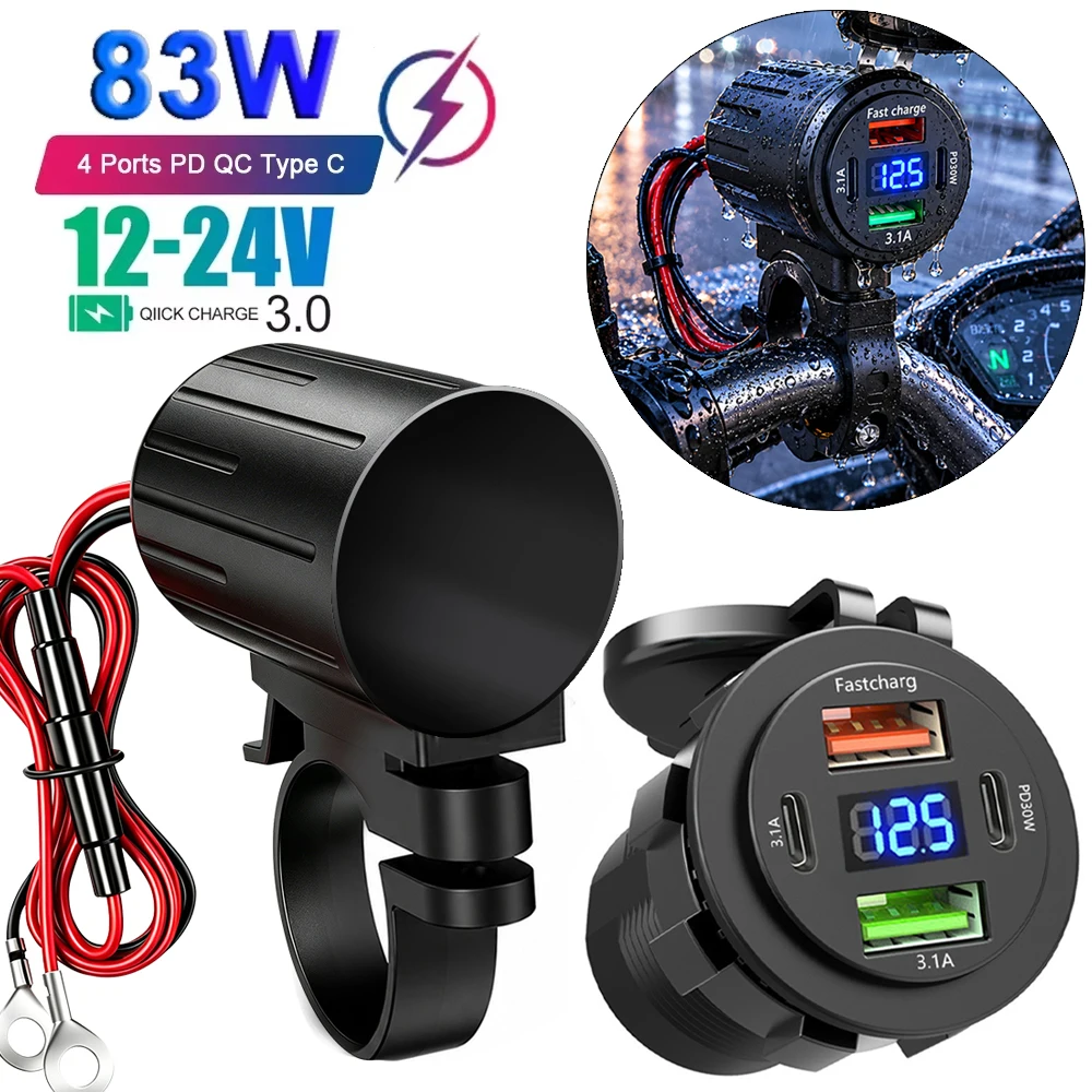 Motorcycle 83W Mobile Phone Charger Pd Qc3.0 Handlebar Dual Usb Socket Waterproof Power Adapter with Switch Voltmeter