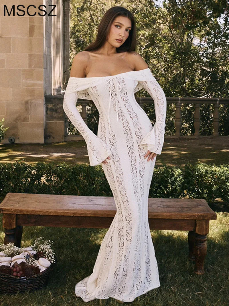 MSCSZ Vintage White Transparent Lace Dresses Woman Off Shoulder Long Sleeve Maxi Dress Elegant Mermaid Long Party Evening Dress