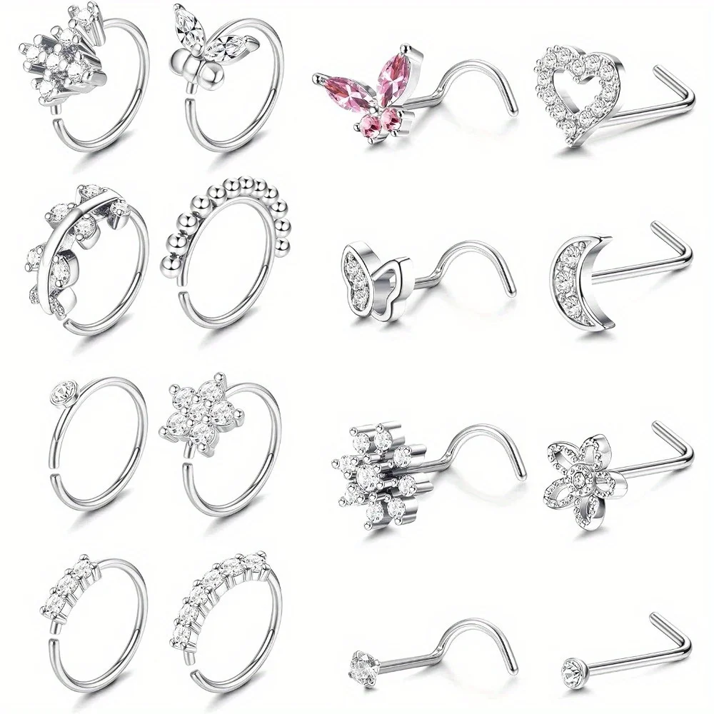 Drperfect Stainless Steel Nose Rings for Women Surgical Steel Nose Studs Hoop Corkscrew L Shaped Nose Stud Ring Piercing Jewelry