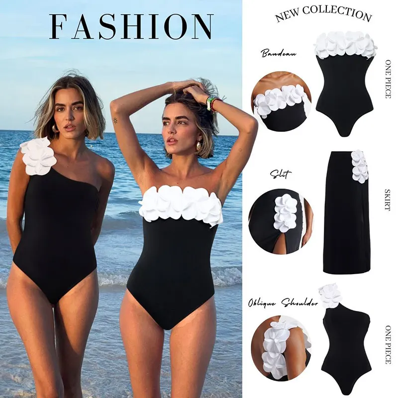 Women Summer Sexy 3D Flowers Black 2 Pieces Bodysuit,Beach Set,Black Bodysuit and White Flower Bodysuit and Skirt