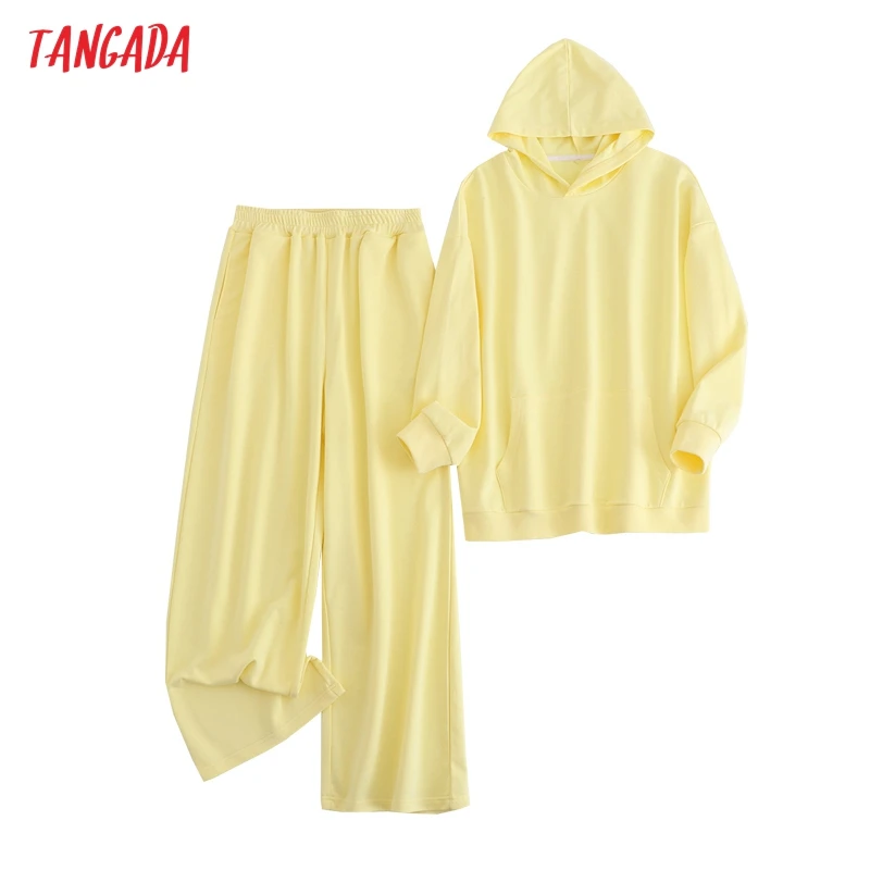 Tangada Women Tracksuit Sets Yellow Oversized Sweatshirt Hoodies Cotton Suit 2 Pieces Sets Hood Tops and Pants 6L39