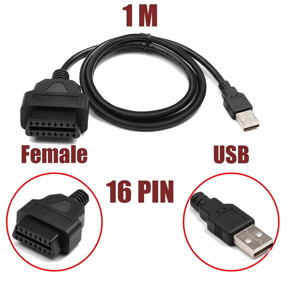 

JieYuan 16Pin OBD2 To USB Port Adapter Cable Connector Diagnostic Tool Female 16Pin to USB connection cable 1M extension cable