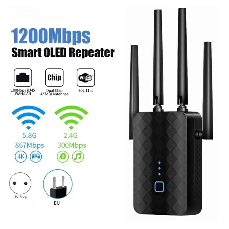 1200Mbps 2.4G 5GHz WiFi Repeater Wireless Dual Band WiFi Extender 802.11ac Gigabit Amplifier Router Long Range EU-PLUG