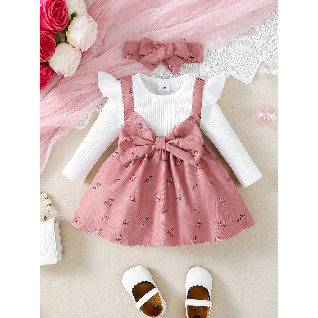 Robe de princesse 2 pièces pour petites filles de 0 à 2 ans, manches longues, imprimé floral, grand nœud + bandeau, vêtements d'automne à la mode pour bébés filles