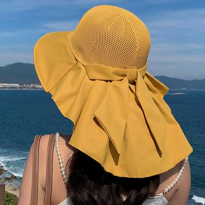 Summer Women Bucket Hat with Shawl Breathable Beach Sun Cap Large Bowknot Ladies Wide Brim Face Neck Protection Visor Hat