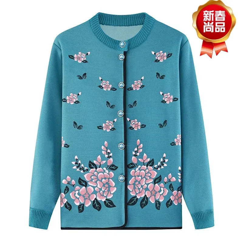 One Piece Fleece Middle-Aged Elderly 2022 New Spring Autumn Winter knitting Coat Cardigan Sweater Grandmother Thick Jacket