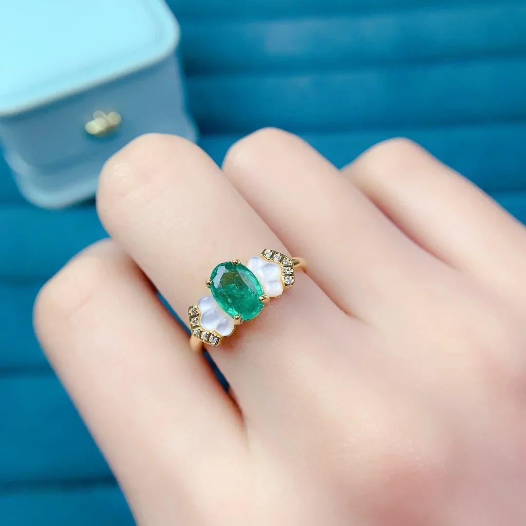 Natural Emerald Ring S925 Pure Silver Fashion Jewelry Green Gem Exquisite Wedding Accessories for Women