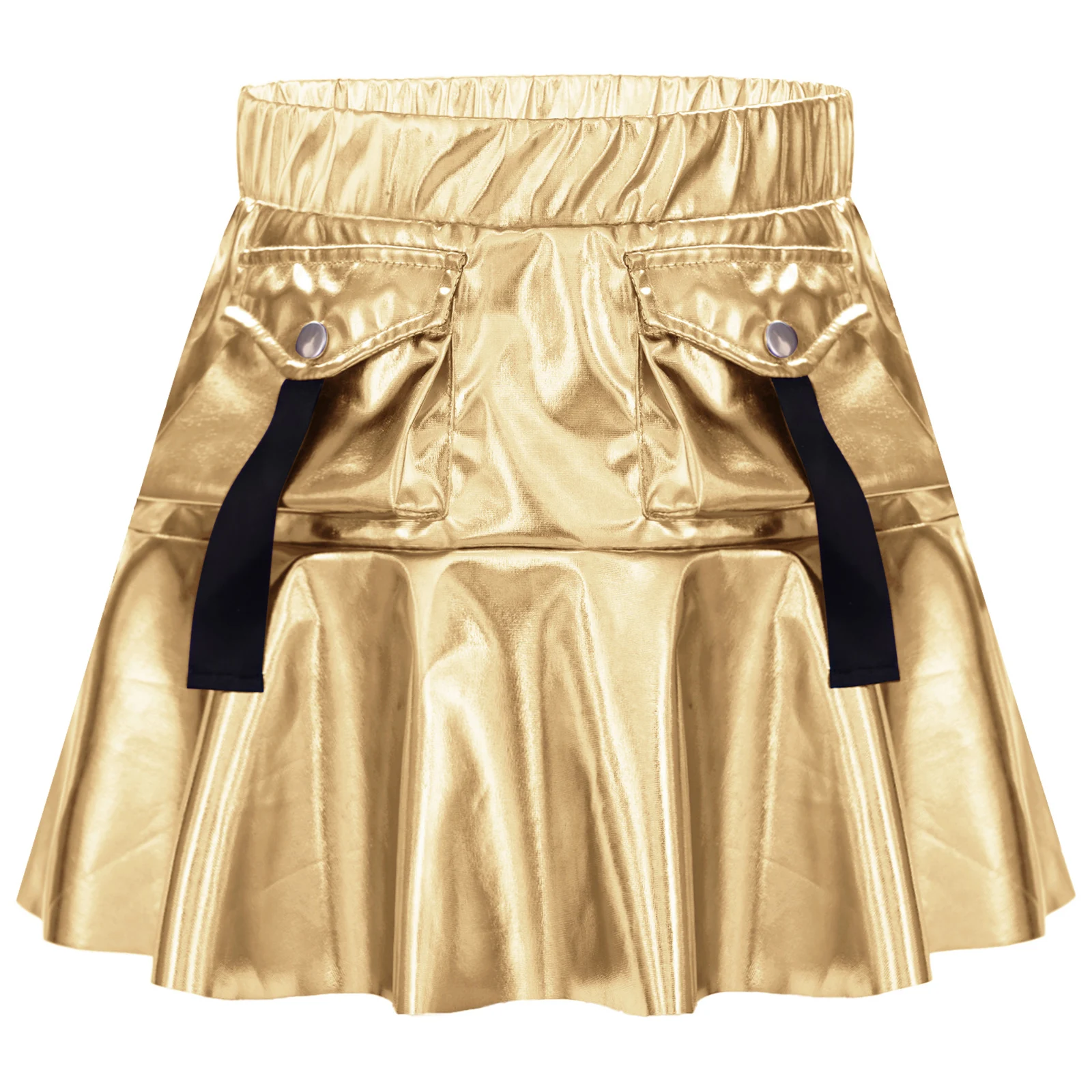 Children Girls Hip-hop Jazz Dance Metallic Skirt Elastic Waistband Ruffle Cargo Skirts with Flap Pocket Cheerleading Dancewear