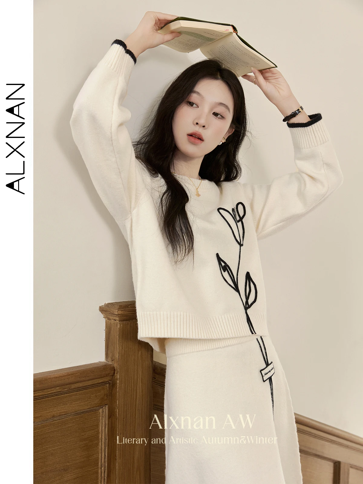 ALXNAN Women's Gentle Apricot Sweaters Three-dimensional Tulip Plate Flowers O-neck Long Sleeve Jumper 2024 Autumn Winter L50912