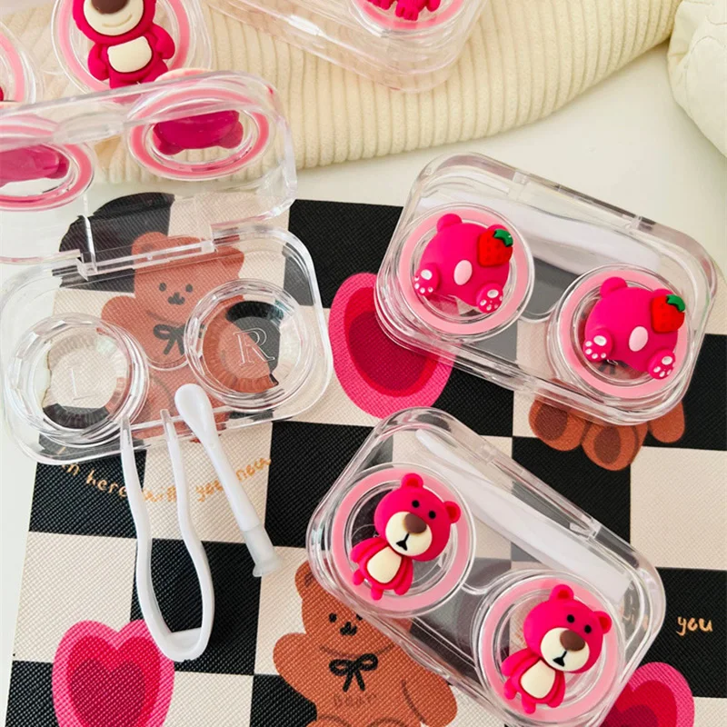 New Kawaii Disney Contact Lens Case Pink Cartoon Cute Lotso Portable Contact Lens Box with Mirror Girls Travel Gifts