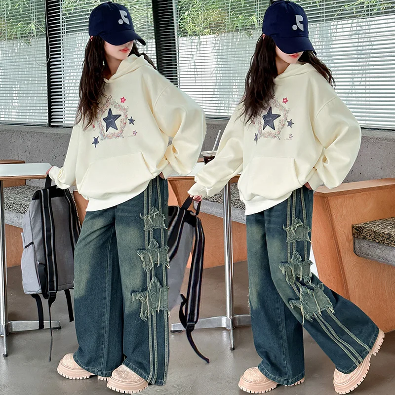 spring junior kid casual clothes set stars hooded Sweater+Edge denim wide leg pants 2pcs teenage girl clothes suit child outfits