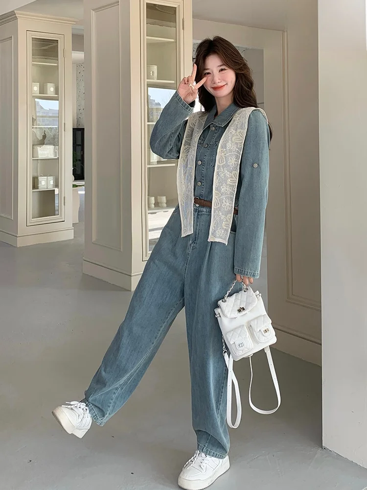 

Slimming Effectiven Hong Kong Sle Women's Overall Jeans Suit Spring New Arrival High Waist Straight Leg Long Pants