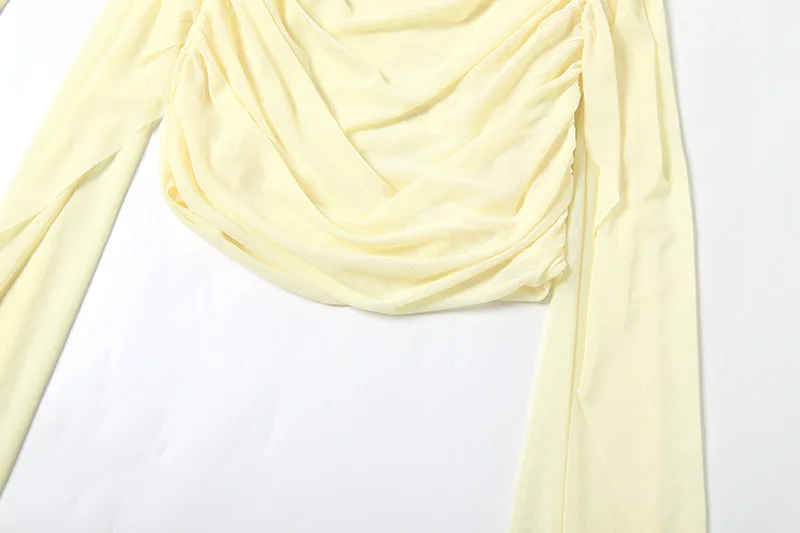 Scialle a maniche lunghe Nastri Maglia trasparente Increspato Aderente Mini abito Senza spalline Backless Guaina Night Clubwear Party Robe Abiti