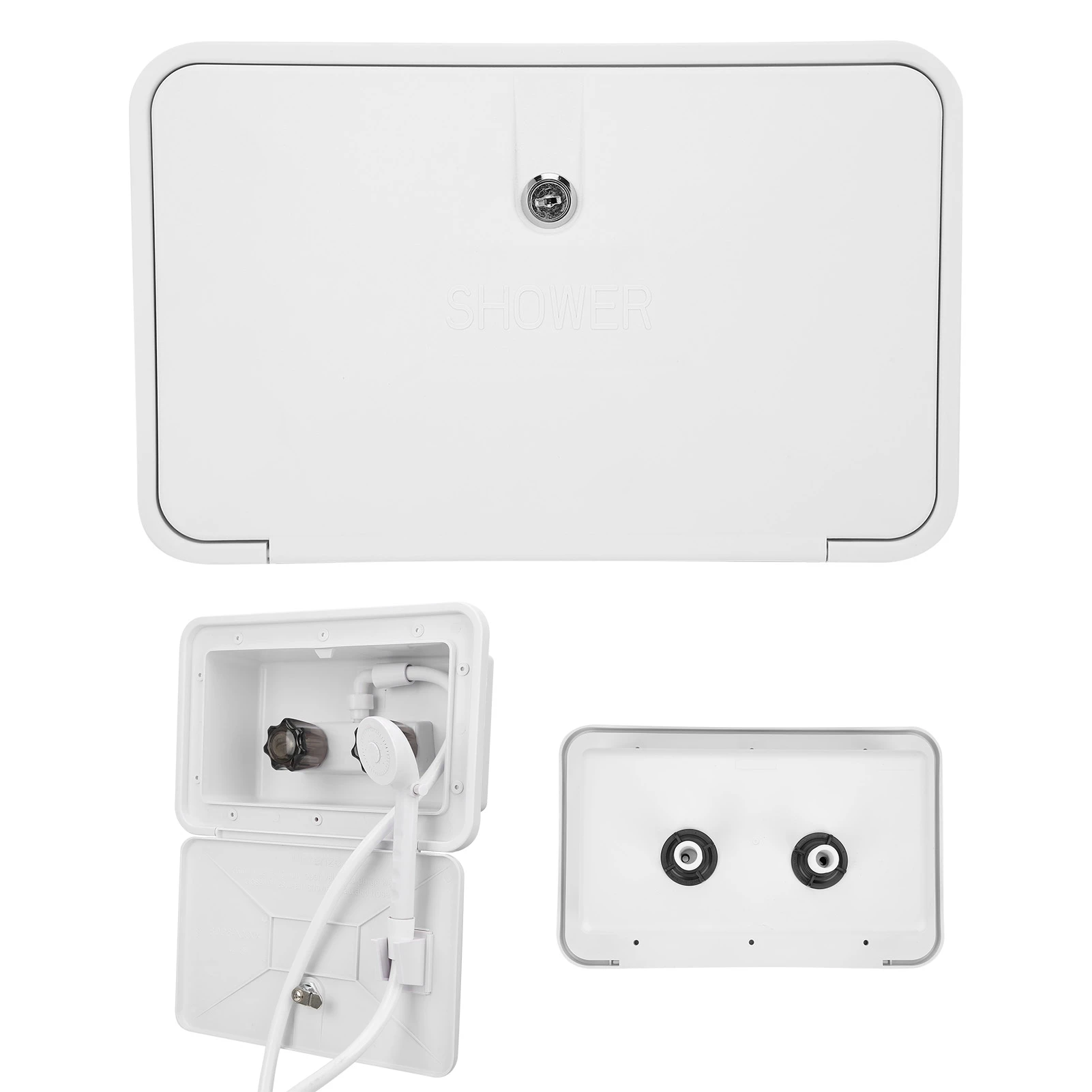 Caja de ducha exterior con cerradura, Kit de lavado Exterior de plástico montado en la pared para barco, autocaravana, accesorios de acampada, 1 ud.