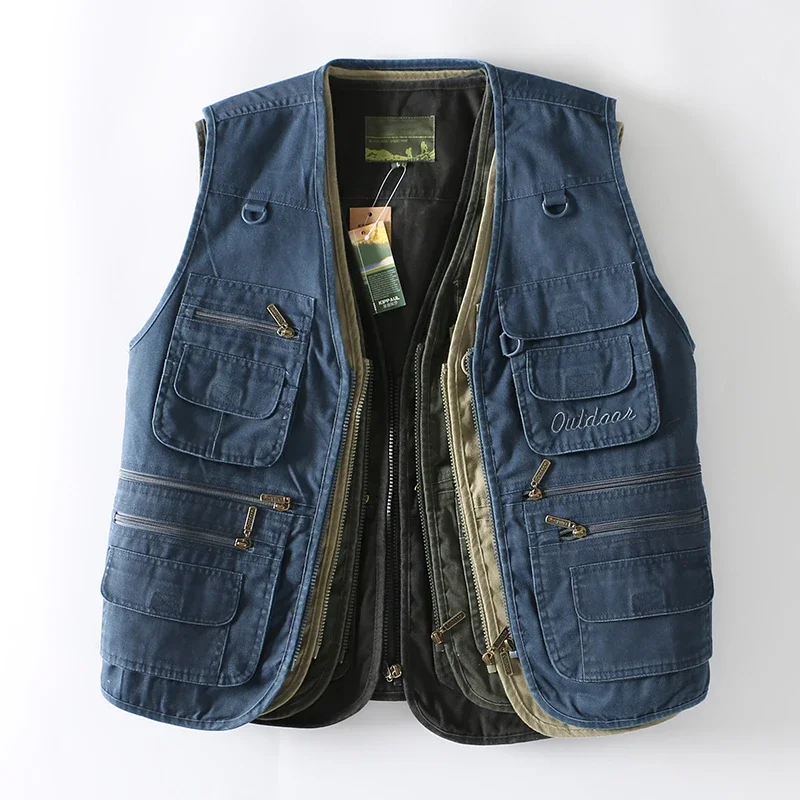 7XL Multi Pocket Work Cargo Vest Men Outdoor Camping Hiking Sleeveless Jacket Cotton Denim Fishing Vest Army Workwear Waistcoat