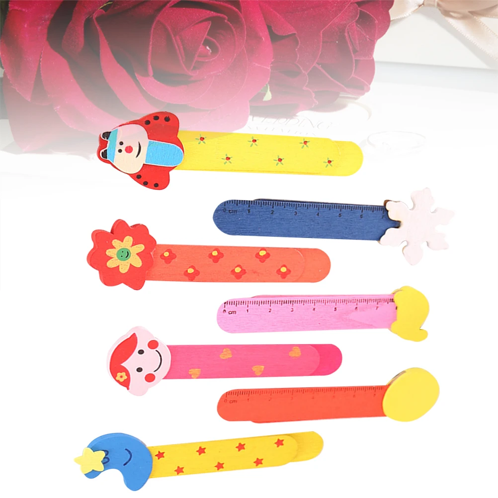 10Pcs Wooden Bookmark Bright Cartoon Graphics Sturdy Bookmarker with Dual Use As Mini Ruler for Kids School Stationery Gift