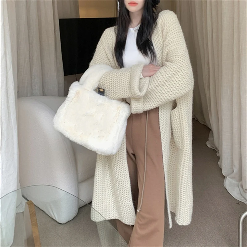 

Autumn Winter Long Knitted Cardigan Women Fashion Big Pocket Warm Long Sleeve Cardigan Woman Solid Color Mid Length Cardigans