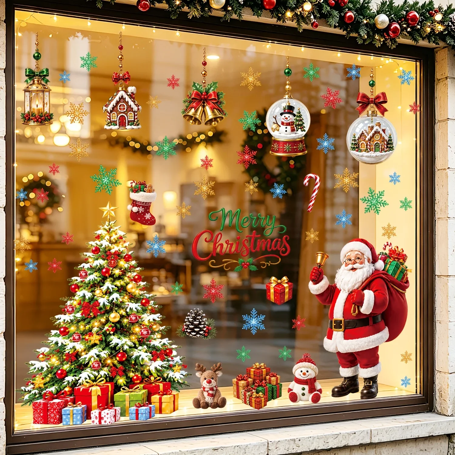 4 Sheets 11.81x35.43in Jumbo Christmas Static Window Clings (65 Pcs), Christmas Tree Santa Bell Reindeer Gingerbread House