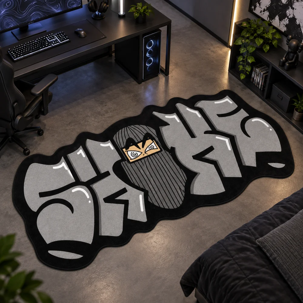 Gray Graffiti Ninja Irregular Shaped Area Rug, Urban Character Floor Mat for Gaming Room, Teen Bedroom, Loft and Entryway Decor