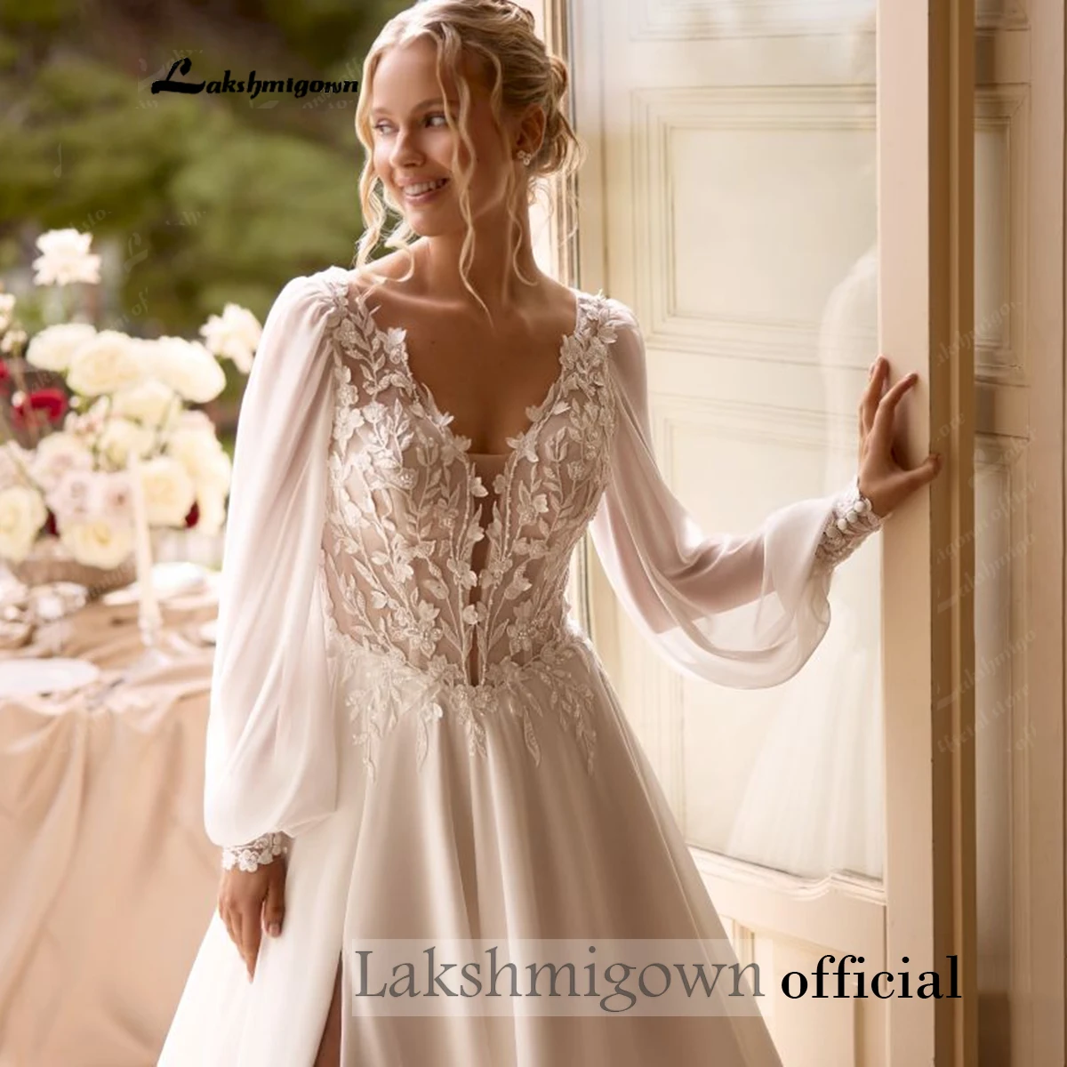 Lakshmigown Boho-Brautkleid mit langen Puffärmeln, Spitzenapplikationen, hohem Schlitz und Chiffon, Vestido De Novia, maßgeschneidert – Detail 8