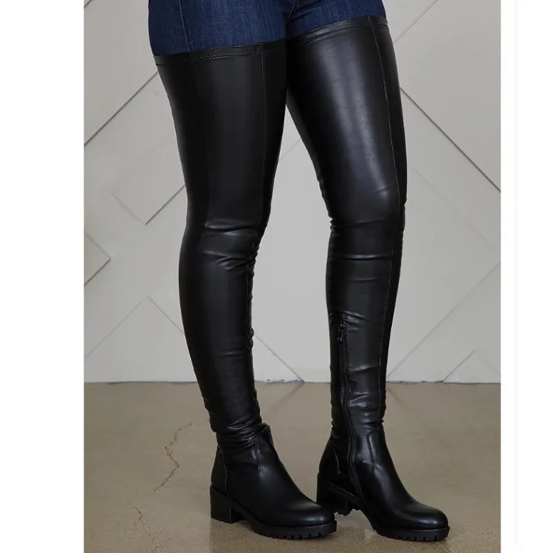 

Дизайнерские женские сапоги до колена, новые зимние ботинки с круглой головкой, на низком квадратном каблуке, женская обувь большого размера 41–46, Mujer