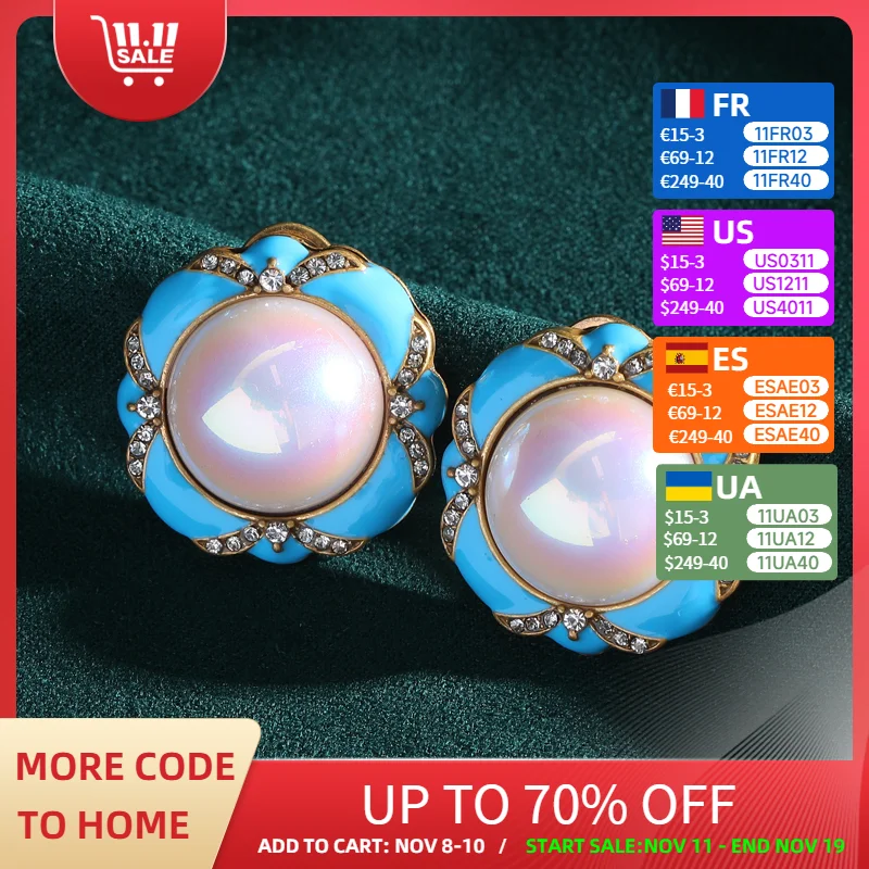 

Vintage Big Pearl Stud Earrings Blue Enamel Shell Flower Petal Jewelry Designer Luxury Wedding Bridal For Woman Christmas 2025