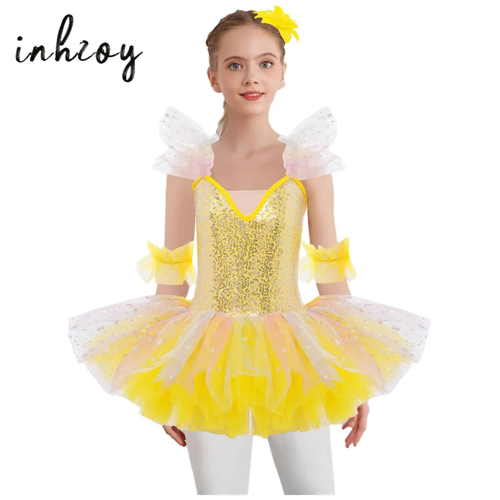 

Kids Girls Ballet Tutu Dresses Ruffled Sleeves Adjustable Shoulder Straps Shiny Sequins Layered Dress with Headwear and Cuffs