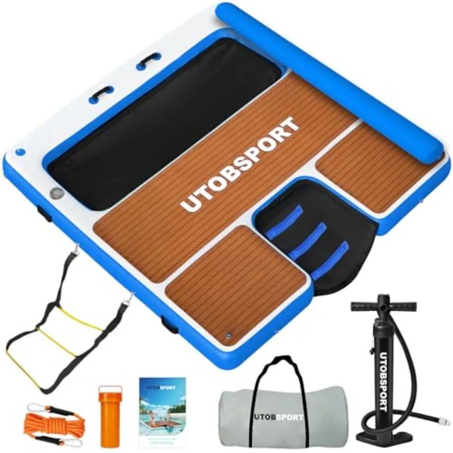 Plataforma Flotante Inflable de 10x10 Pies para Piscina, Océano, Lagos, Superficie Antideslizante con Aspecto de Madera, Azul, con Rampa de Agua y Hamaca Acuática