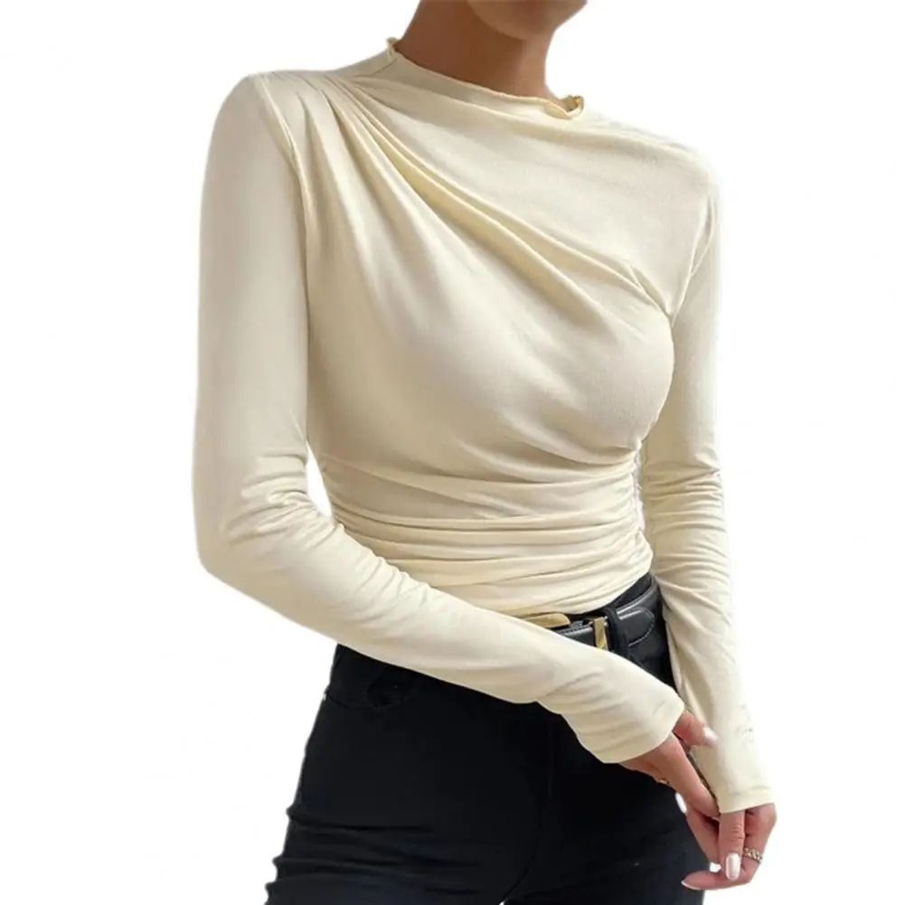 

Elegant Solid Color Bottom Women Blouse Shirt Half High Collar Long Sleeve Bottoming Top Slim Pleated Blouse Tops