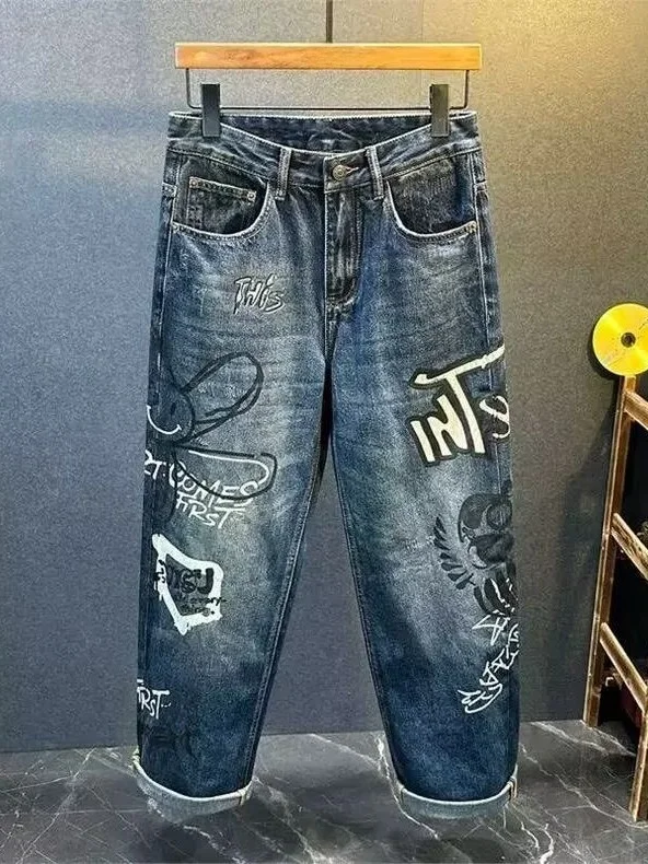 Trendy Graffiti Cartoon Loose Fit Straight Leg Jeans Men's Spring Autumn Vintage Wear Resistant Casual Long Pants