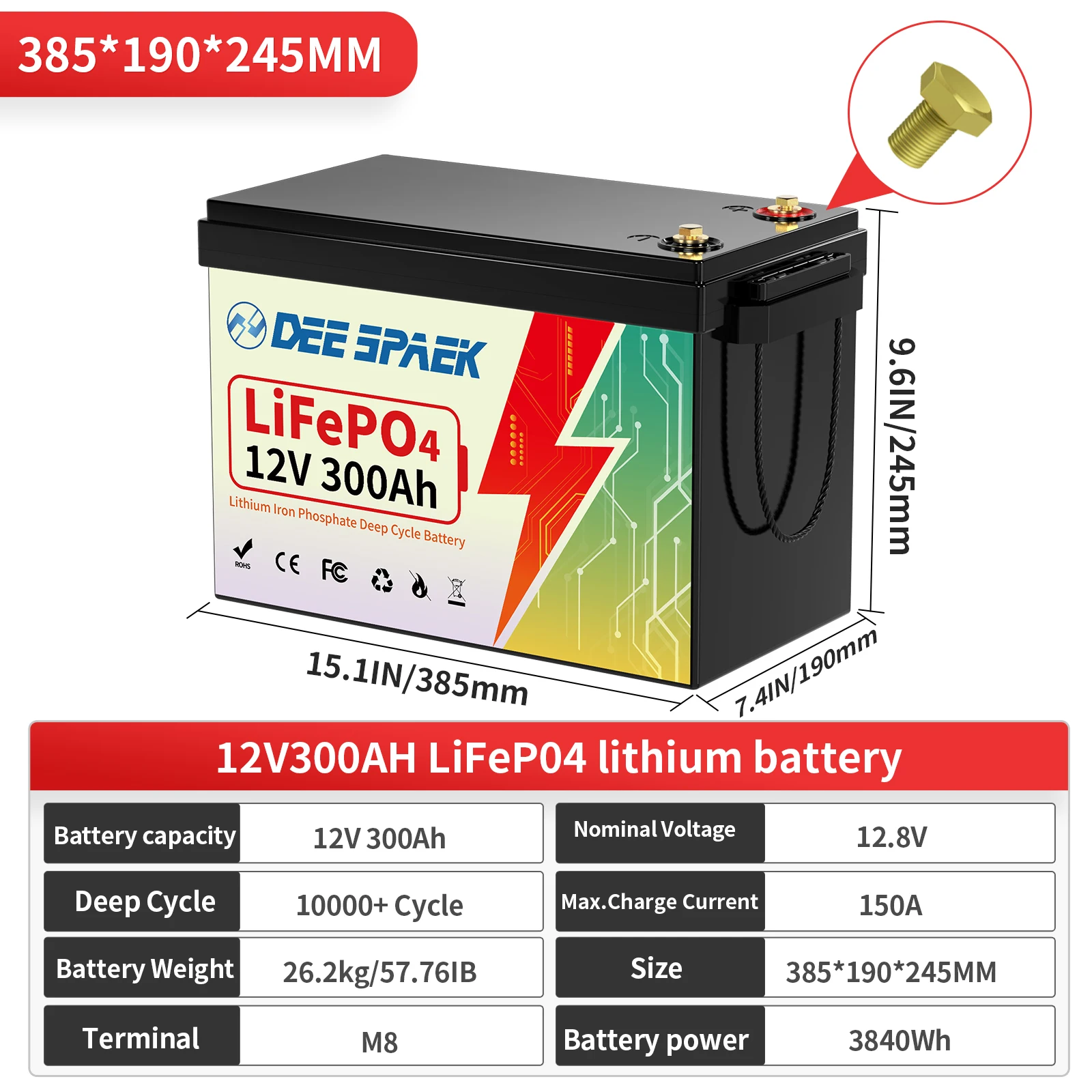 12V 300Ah LiFePO4 lithiumbatterij met 200A BMS 8000+ cycli voor campers off-road off-grid vissersboten zonnestelselbatterij