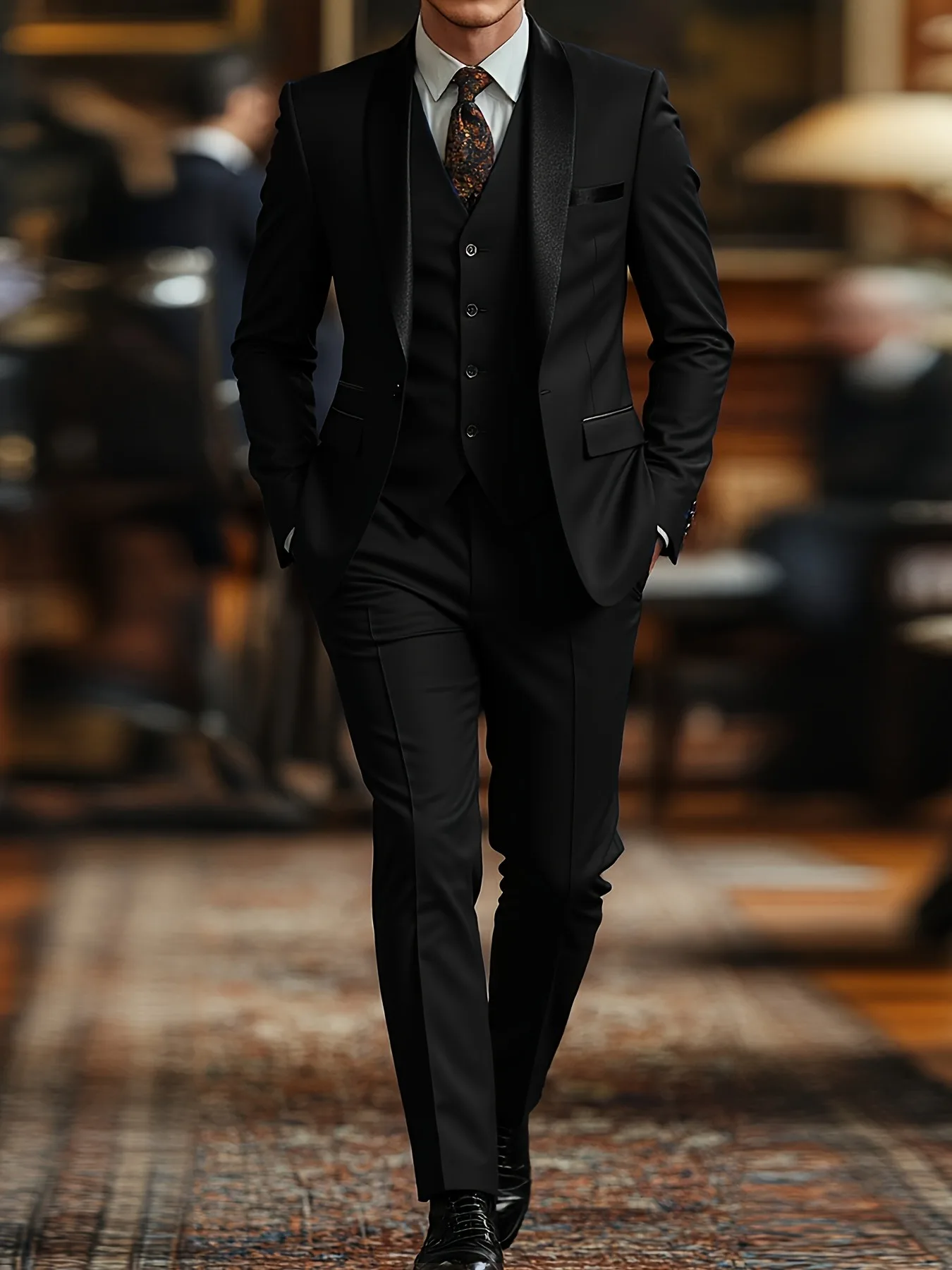 

[Business Suit]Men's 3pcs Slim Fit Black Tuxedo - Wedding Office & Party Formal Suit Set