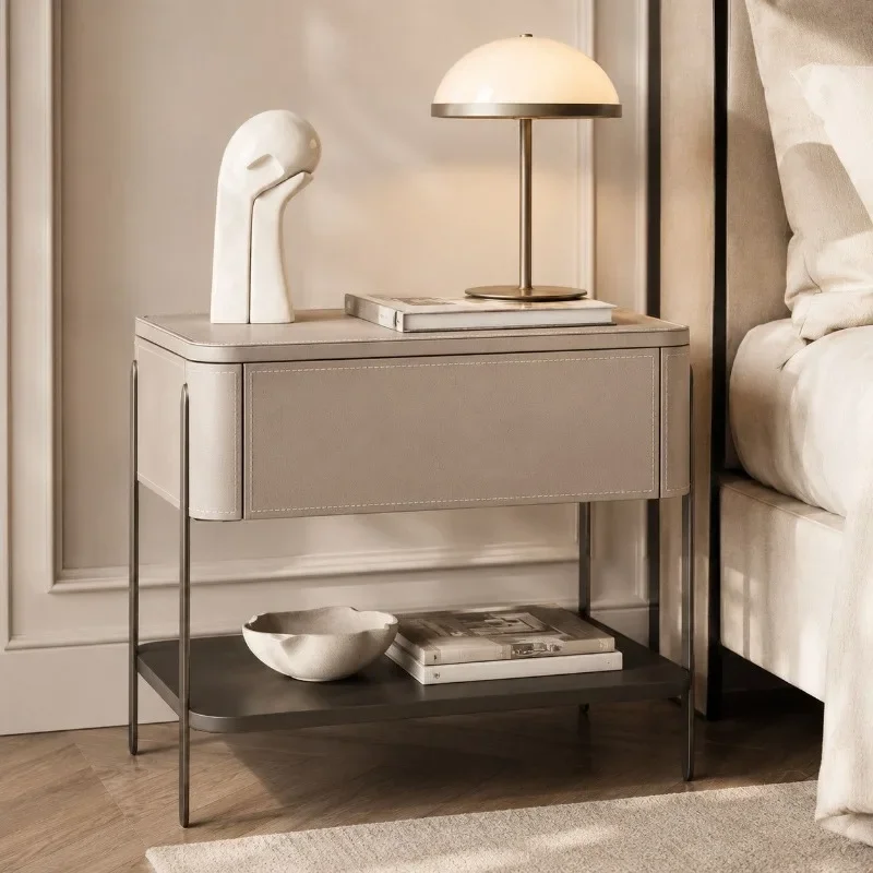 Modern Luxury Stitched Leather Nightstand Single Open Bottom Storage Rounded Corner Minimalist Bedroom Sofa Side Accent Cabine